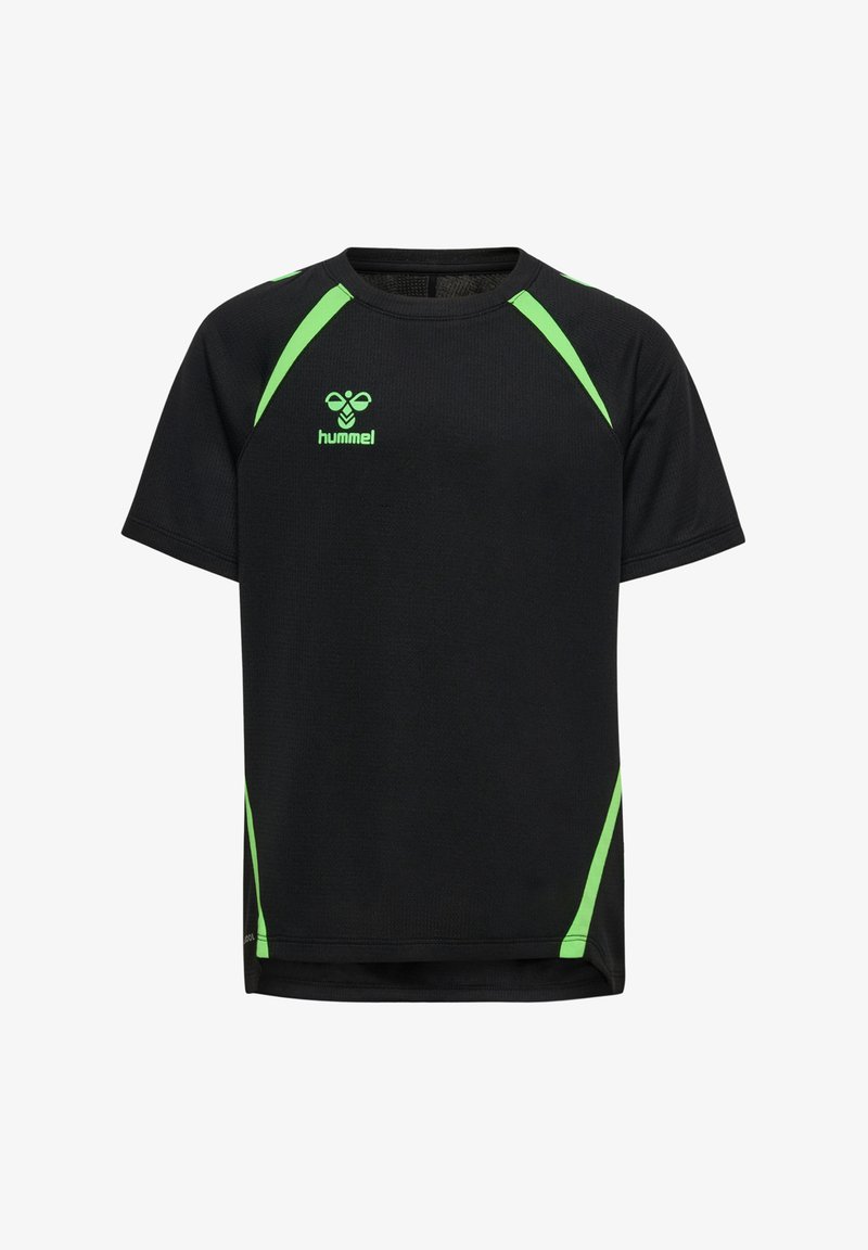 T-shirt de sport noir à manches courtes, avec des accents verts sur les épaules et les côtés, fabriqué à partir d'un matériau texturé qui évacue l'humidité.