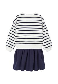 Gestreiftes Baumwolloberteil in Weiß und Marineblau mit langen Ärmeln, kombiniert mit einem fließenden Rock in Marineblau. Mit Rundhalsausschnitt und gerafftem Taillenteil.