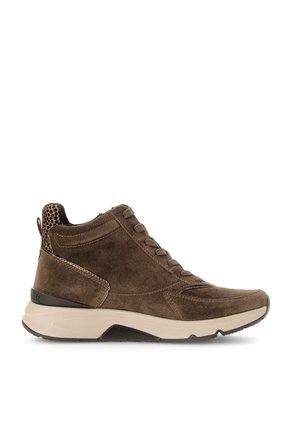 Brown suede high-top sneaker with beige sole and leopard print detail on heel, side zipper, and lace-up front closure.