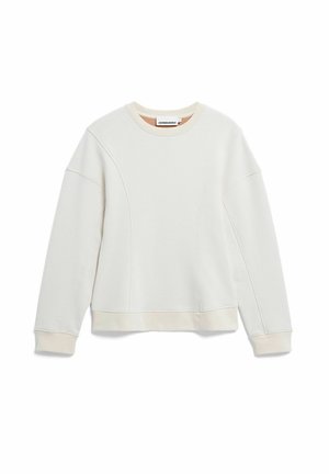 Gebroken-witte sweatshirt met lange mouwen, ronde hals en subtiele naden, plat gelegd op een witte achtergrond.