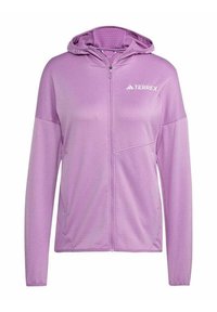 Giacca con cappuccio lavanda con zip integrale, maniche lunghe, dettagli di cuciture sottili e logo "TERREX" sul petto sinistro.