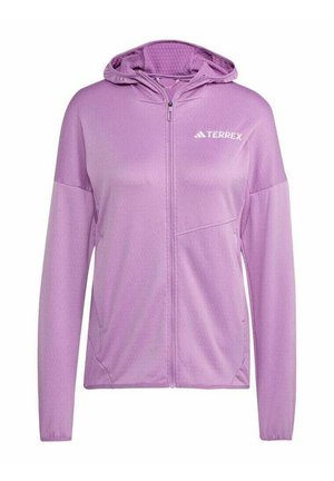 Lavendelfarbene Kapuzenjacke mit durchgehendem Reißverschluss, langen Ärmeln, dezenten Nahtdetails und "TERREX"-Logo auf der linken Brust.