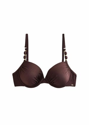 Brown padded bra with adjustable straps featuring three decorative beads on each strap and a small metal logo on the side.