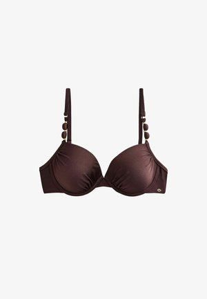 Brown padded bra with adjustable straps featuring three decorative beads on each strap and a small metal logo on the side.