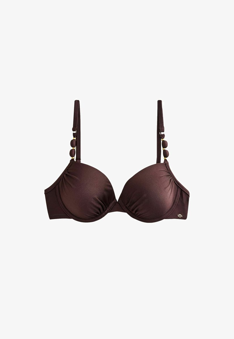 Brown padded bra with adjustable straps featuring three decorative beads on each strap and a small metal logo on the side.
