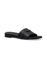 Schwarzer Rutschsandal mit glattem synthetischem Material. Verfügt über einen breiten Riemen mit einem dezenten metallischen Akzent und einer flachen, quadratischen Sohle.