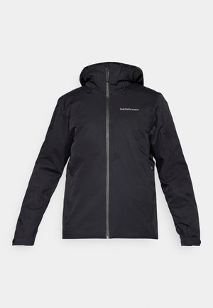 Jachetă neagră tip windbreaker cu glugă, fermoar frontal și detaliu cu logo. Fabricată din material rezistent la apă, cu mâneci lungi și manșete ajustabile.