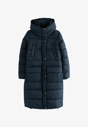 Manteau matelassé bleu marine avec un col montant et une capuche, fermeture à boutons-pression, et deux poches latérales avec un motif matelassé.