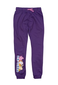 Lila Baumwoll-Sweatpants mit elastischem Bund und pinkem Kordelzug; mit Cartoon-Freunde-Grafik und dem Text "FREUNDE" an der Seite.