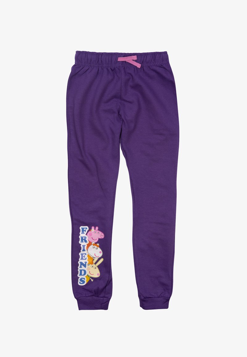 Lila Baumwoll-Sweatpants mit elastischem Bund und pinkem Kordelzug; mit Cartoon-Freunde-Grafik und dem Text "FREUNDE" an der Seite.