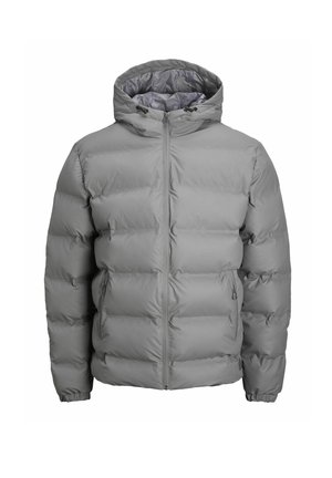 Šedá péřová bunda s kapucí, vybavená zipem vpředu, elastickými manžetami a horizontálním prošívaným vzorem pro izolaci.