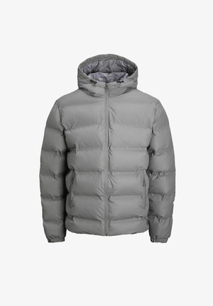 Šedá péřová bunda s kapucí, vybavená zipem vpředu, elastickými manžetami a horizontálním prošívaným vzorem pro izolaci.