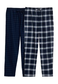 Katoenen pyjamabroek in donkerblauw, met een effen en een geruit patroon. De geruite kant heeft witte en lichtblauwe accenten. Elastische tailleband.
