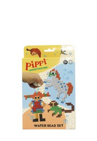 Verpakking van een waterparelset met Pippi Langkous in het rood en blauw, een paard en een aap, omringd door kleurrijke parels op een gele achtergrond.