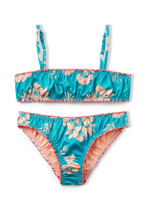 Conjunto de bikini turquesa con estampado floral en rosa claro, que cuenta con un top bandeau recto con tirantes delgados ajustables y braguitas a juego de tiro bajo.