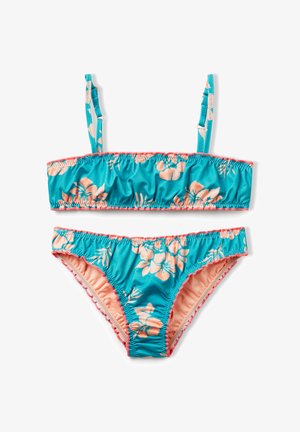 Conjunto de bikini turquesa con estampado floral en rosa claro, que cuenta con un top bandeau recto con tirantes delgados ajustables y braguitas a juego de tiro bajo.