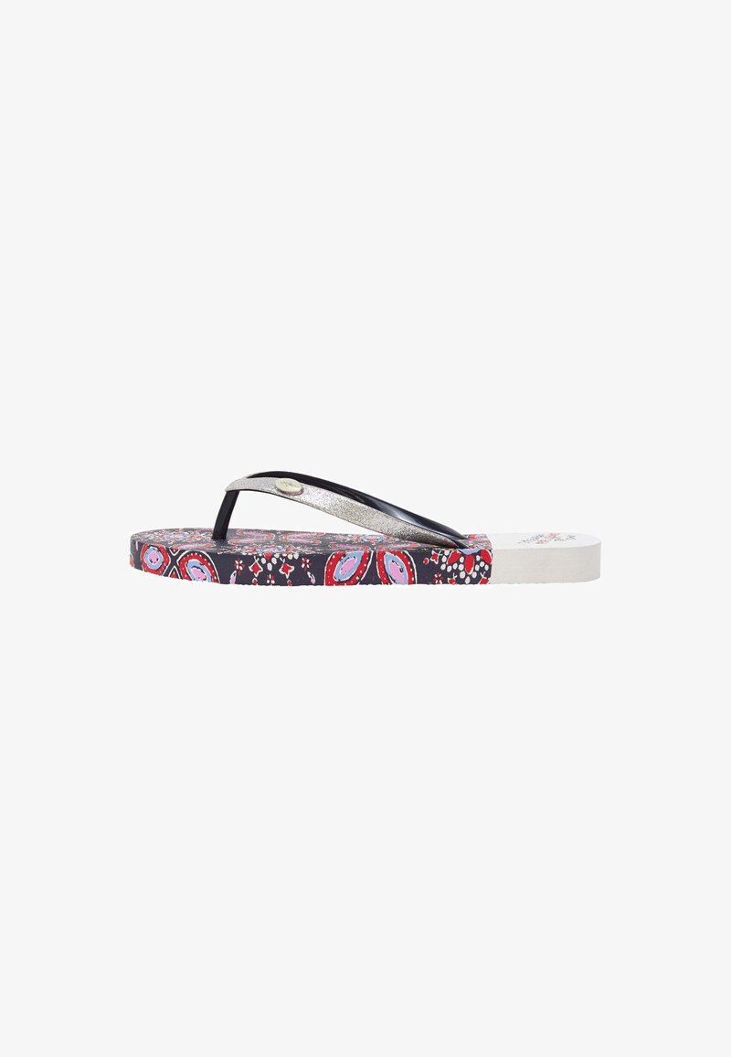 Flip-flop sandal features a black strap, a glittery silver accent, and a patterned footbed in navy, red, and pink tones with floral designs.