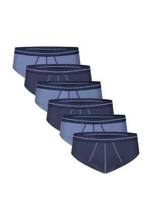 Šest párů pánských slipů v námořnicky modré a světle modré barvě střídavě, každý s páskem s logem značky.