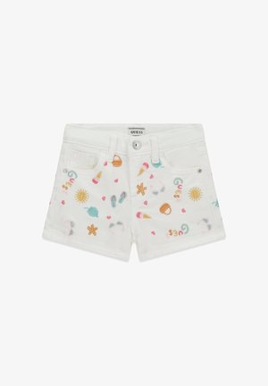 Pantaloncini bianchi per bambini con ricami colorati a tema estate, tra cui soli, gelati, occhiali da sole, infradito e il logo GUESS.