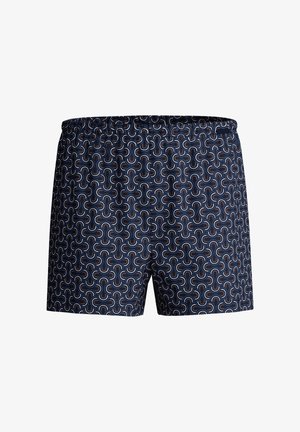 Marine zwembroek met een herhalend, gebogen patroon in lichtblauw en bruin. Elastische tailleband, lichtgewicht stof en een relaxte pasvorm.