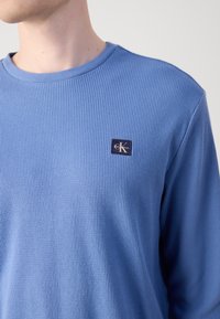 Langermet t-skjorte med rund hals i lys blå, med vaffelstrikket tekstur. Har en liten rektangulær logo-lapp med "Calvin Klein" i marineblått og gull.