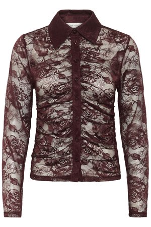 Burgundy lace blouse with long sleeves, featuring a collared neckline, button closure, and floral pattern with gathered detailing.