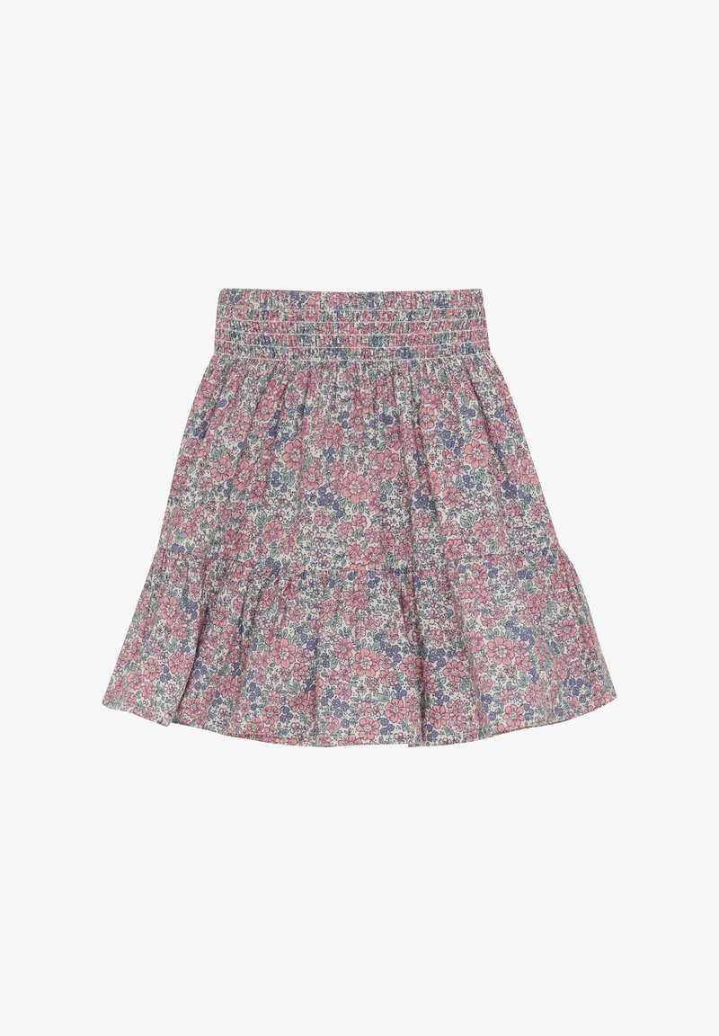 Jupe florale avec une taille smockée, présentant un fond clair et des fleurs roses, bleues et vertes. Forme évasée avec une texture froncée.