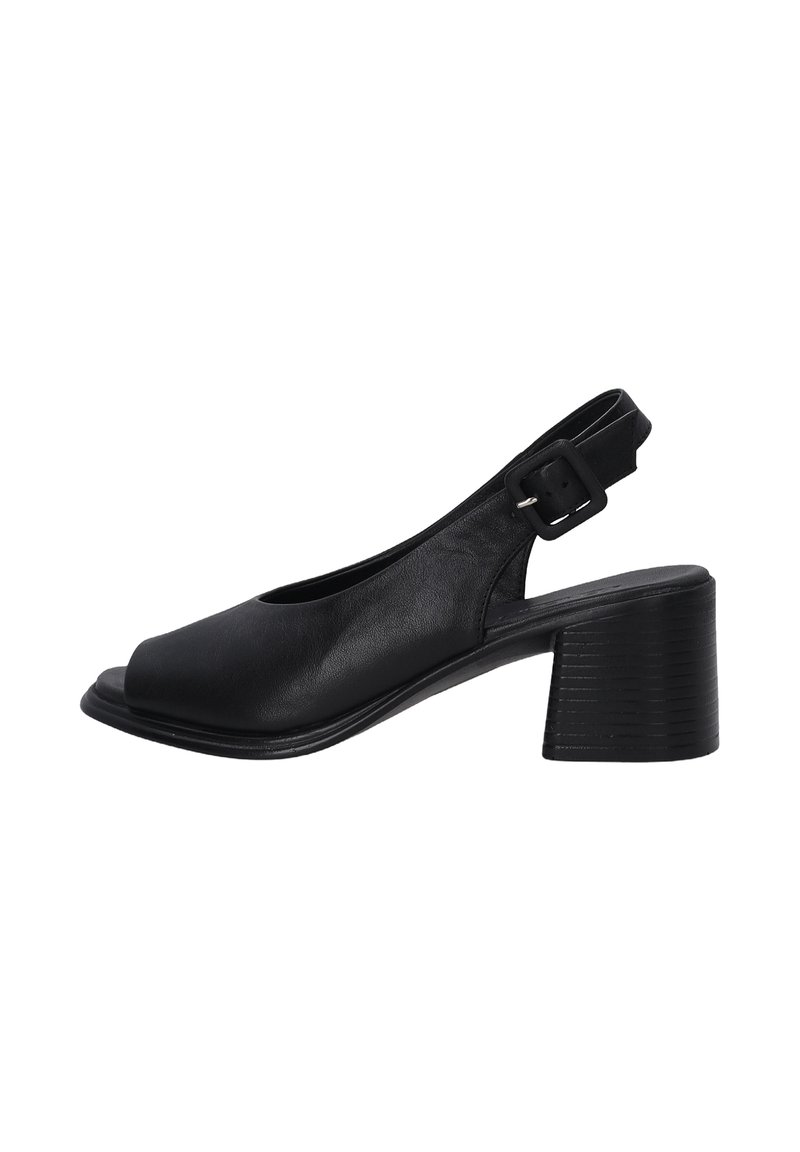 Schwarze Leder-Sandale mit offenem Zehenbereich und Slingback-Design, verfügt über einen niedrigen Blockabsatz, einen verstellbaren Riemen mit Schnalle und eine glatte Oberflächenstruktur.