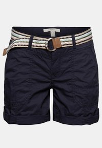 Shorts décontractés bleu marine avec poches plaquées à l'avant et ceinture en tissu rayée avec boucle anneau argentée.