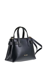 Borsa a tracolla in pelle nera con manici corti e una tracolla removibile. Presenta hardware dorato e logo impresso sul davanti.