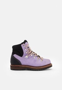 Purple suede hiking boot with black accents, silver hardware, and beige laces. Features a durable rubber sole and a cushioned collar.