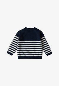 Strickpullover mit einem marineblauen Körper und weißen horizontalen Streifen. Verfügt über einen Rundhalsausschnitt und gerippte Bündchen. Sanfte Textur, lässiges Design.