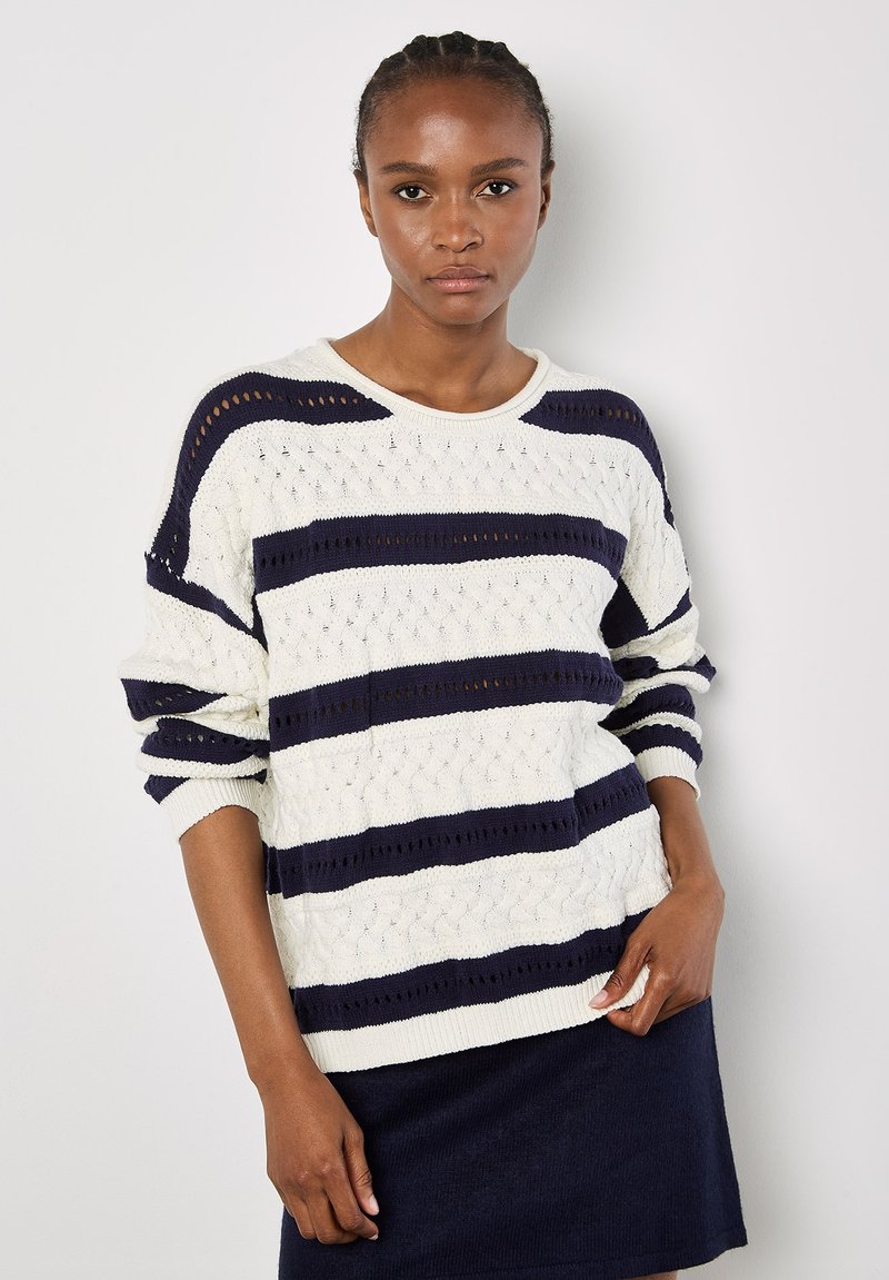 Strickpullover mit horizontalen Streifen in Weiß und Marineblau, offenes Strickmuster, runder Halsausschnitt sowie gerippte Bündchen und Saum.