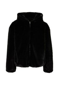 Veste à capuche en fausse fourrure noire pelucheuse avec fermeture éclair frontale et manches longues, dotée d'un ourlet légèrement élastique.
