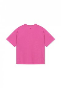 T-shirt a maniche corte in cotone rosa fluorescent, caratterizzata da un collo rotondo e un retro semplice con un piccolo marchio del brand vicino al centro superiore.