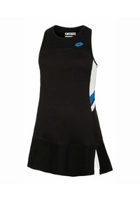 Vestido deportivo negro con escote redondo, con acentos en blanco y azul en los lados y un dobladillo corto y acampanado con aberturas laterales.