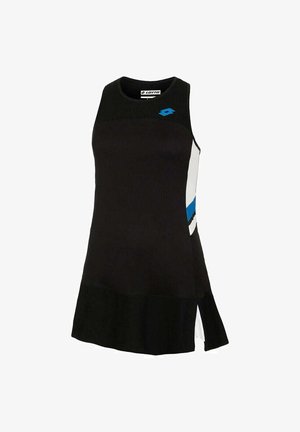 Vestido deportivo negro con escote redondo, con acentos en blanco y azul en los lados y un dobladillo corto y acampanado con aberturas laterales.