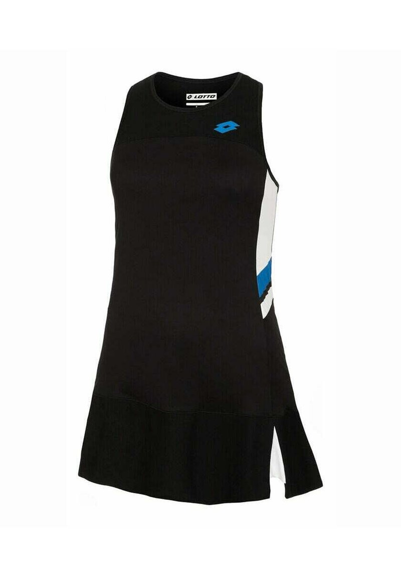 Vestido deportivo negro con escote redondo, con acentos en blanco y azul en los lados y un dobladillo corto y acampanado con aberturas laterales.