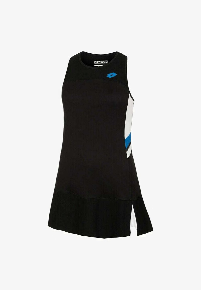 Vestido deportivo negro con escote redondo, con acentos en blanco y azul en los lados y un dobladillo corto y acampanado con aberturas laterales.