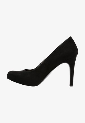 Czarne zamszowe szpilki z zaokrąglonym noskiem, elegancką sylwetką i smukłym obcasem typu stiletto. Gładka faktura bez widocznych wzorów.