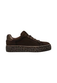 Dark brown low-top sneaker with metallic eyelets and leopard print platform sole on a white background.