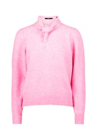 Pink sweater made of soft fabric. Features a high neckline with a knot detail and ribbed hem. Long sleeves and a relaxed fit.