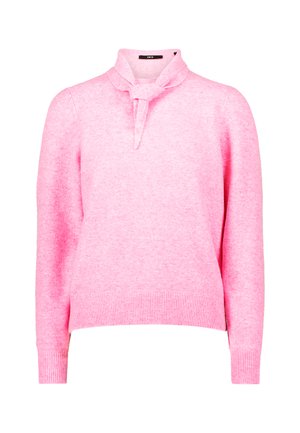 Pink sweater made of soft fabric. Features a high neckline with a knot detail and ribbed hem. Long sleeves and a relaxed fit.