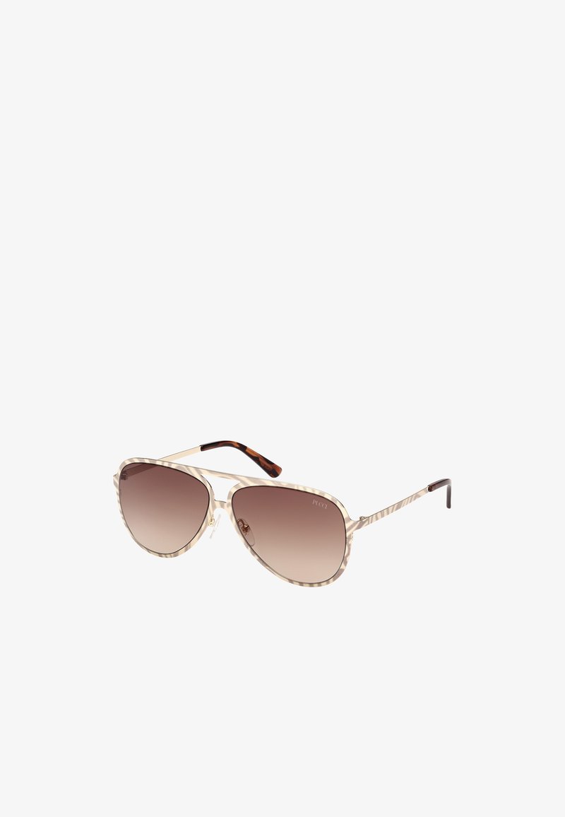 Sonnenbrille mit einem hellbeigen und schildpattfarbenen Rahmen, gradienten braunen Gläsern und einer Katzenaugenform mit subtilen gestreiften Akzenten.