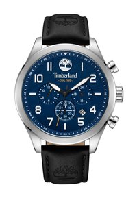 Orologio cronografo Timberland con cassa in acciaio inossidabile, quadrante blu navy, cinturino in pelle nera e indicatori delle ore e sottodial di grande evidenza.