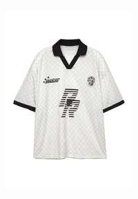 Hvid kortærmet sportstrøje med diskret ternet mønster, sort krave og ærmekanter, med sorte grafiske logoer på forsiden.