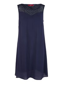 Robe sans manches bleu marine avec empiècement en dentelle et encolure ronde, coupe ample et tissu léger.