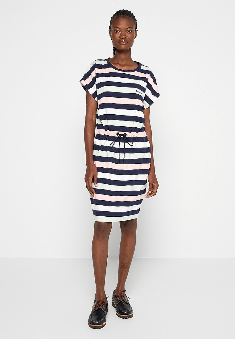 Striped dress featuring navy, pink, and cream colors, short sleeves, an elastic waist with drawstring, and a casual knee-length design.