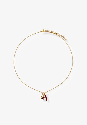 Zarte goldene Halskette mit kleinem sternförmigem Anhänger und einer vertikalen Reihe von fünf roten Perlen vor weißem Hintergrund.