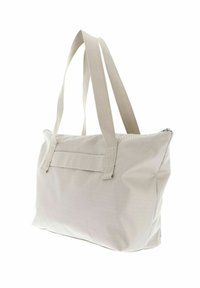 Borsa tote beige chiaro con due manici piatti, chiusura con zip, tessuto testurizzato e tasca frontale. Forma rettangolare semplice con design minimalista.